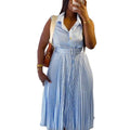 European and american cross-border women's fashion:  summer new arrival - elegant and stylish striped lapel tie-up pleated sleeveless dress