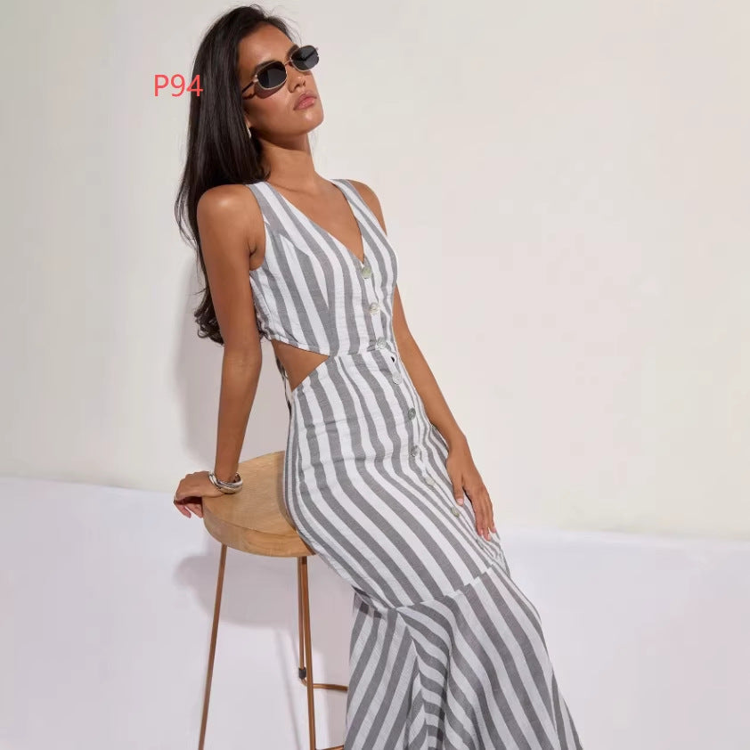 Wholesale foreign trade  summer european and american fashion v-neck striped versatile v-neck dress