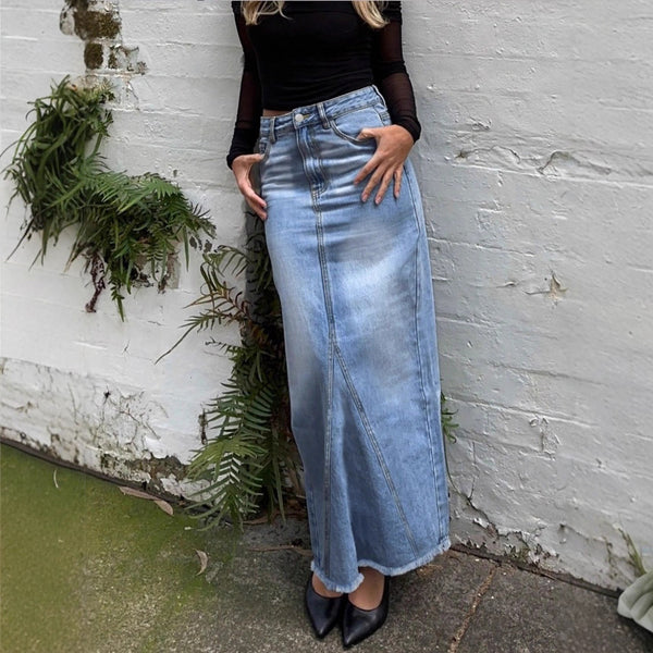 PTC70245 #European and American   Women's Open Seam Straight Skirt Medium and Long Skirt Denim Skirt