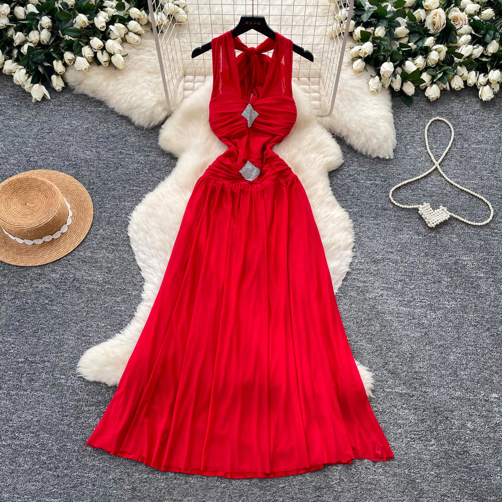 Sexy halter sleeveless v neckbacklessdress women's summer cool waist slimming look a-line long skirt redelegant skirt