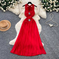 Sexy halter sleeveless v neckbacklessdress women's summer cool waist slimming look a-line long skirt redelegant skirt