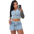 European and american style denim skirt suit  cross-border women's clothing short sleeveless vest vest raw edge flap pocket pants short skirt