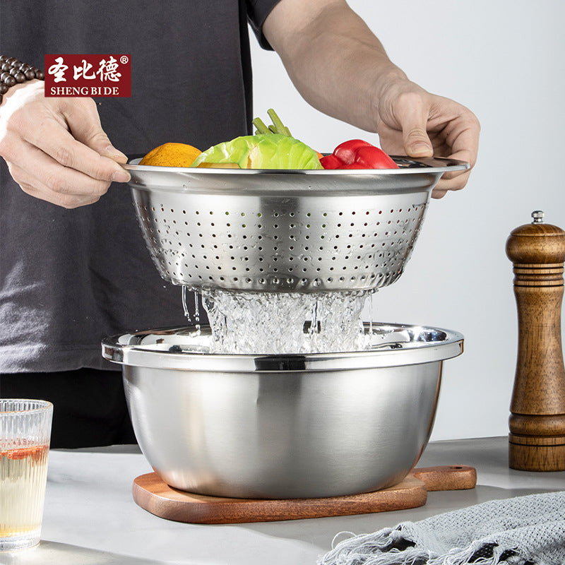 Stainless steel basin, vegetable washing basin, drain basket with planed wire cover, soup basin and noodles, egg washing, rice sieve set, kitchen household