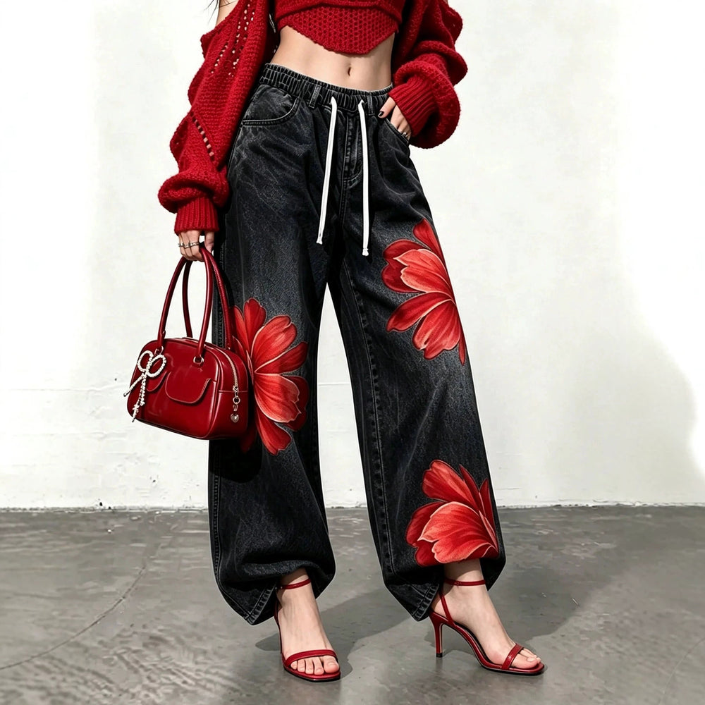 Fashionjeans women's drawstring waist red flower printing distressed gray black wide leg jogger pants cross-border casual women's clothing new arrival
