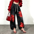 Fashionjeans women's drawstring waist red flower printing distressed gray black wide leg jogger pants cross-border casual women's clothing new arrival