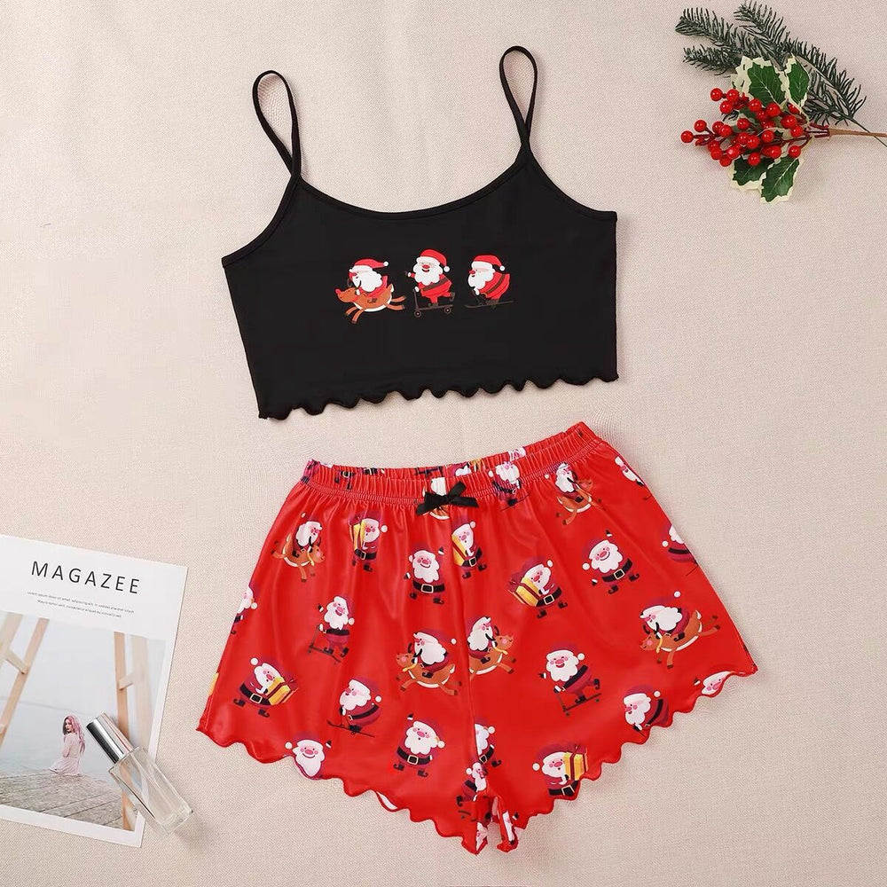 hot-selling christmas european and american style thin pajamas simple printed suspender milk silk shorts sexy two-piece set