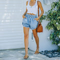 Export denim shorts for women elegantwork clothing raw edge shorts washed high waistfashion elastic beard jeans