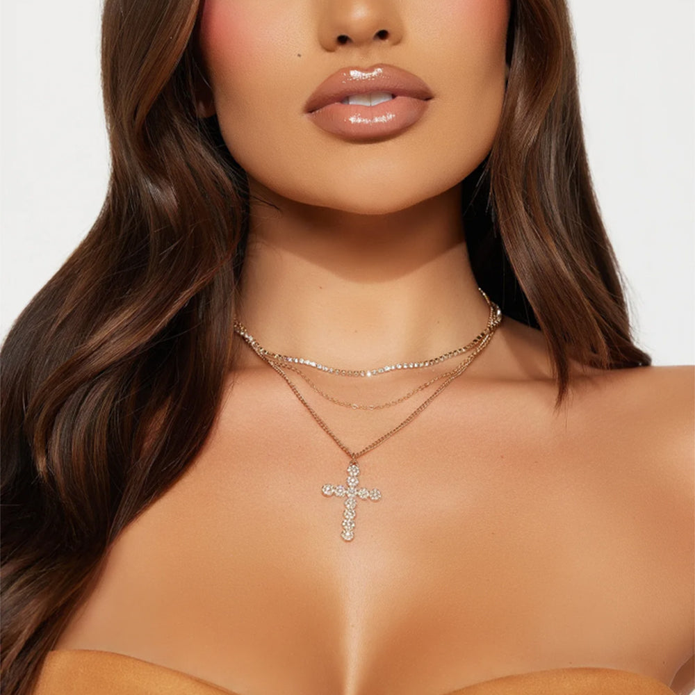 Full diamond cross necklace wholesale cross-border accessible luxury niche design pendant women's retro stacked high-end jewelry