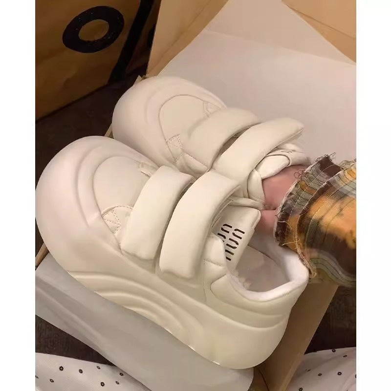 White sneakers for women, spring and summer, height-increasing thick solewhite shoes, velcro ugly sneakers, platform shoes, round-toe bread shoes