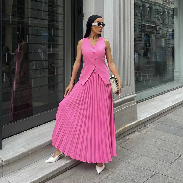 Spot European and American suit women's vest pleated skirt summer solid color high-end elegant women's clothing two-piece set summer