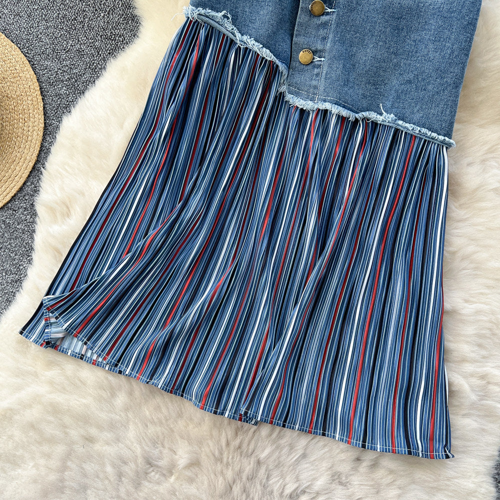 Korean style patchwork striped color block denim midi skirt - women's designer high waist slimming a-line skirt - versatile workwear