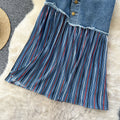 Korean style patchwork striped color block denim midi skirt - women's designer high waist slimming a-line skirt - versatile workwear
