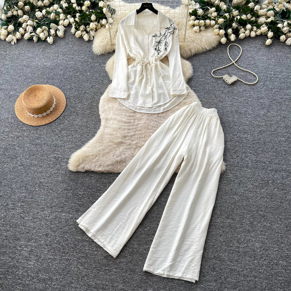 Light mature style zen bows strappy waist shirt women's spring autumhigh waistloose pantstwo-piece setautumwork clothing