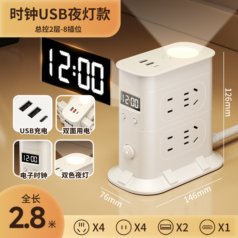 Multi-functional usb power strip socket - dorm room student power strip with long cord, home office desk panel with clock and night light