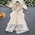 Elegant bubble sleeve floral embroidered dress - women's summer korean style a-line dress with cinched waist - soft & chic for work or play