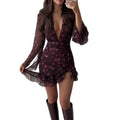 cross-border e-commerce european and american women's clothing: new summer collection - deep v-neck floral print ruffle long sleeve dress