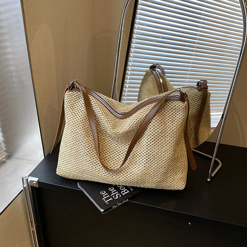 Foreign order large-capacity straw woven bag women's 2025 new summer versatile beach vacation woven tote bag messenger bag