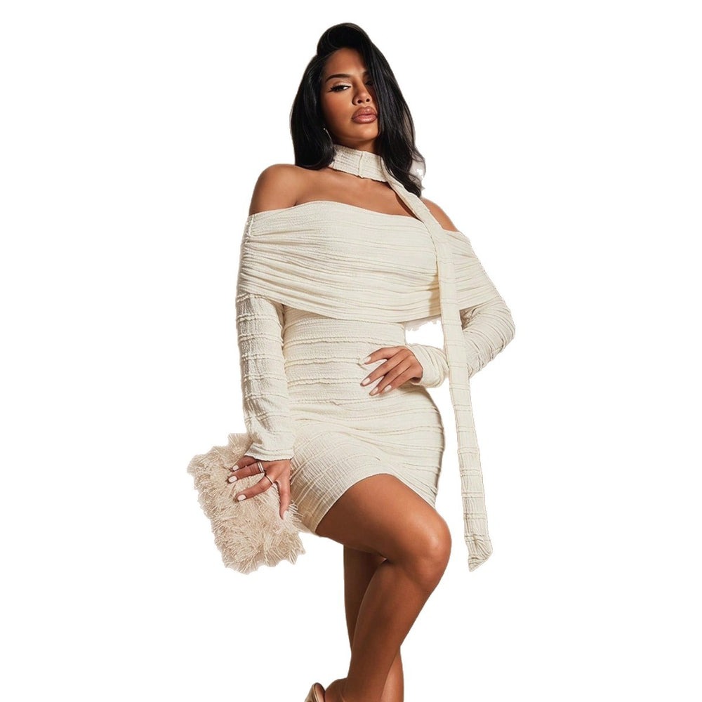 new arrival cross-border one-shoulder dress women's summer halter neck ribbon texture silmslimming look hip-covering short skirt