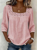 new cross-border  summer solid color casual square neck lace trimmed three-quarter sleeve cotton linen short-sleeve top for women