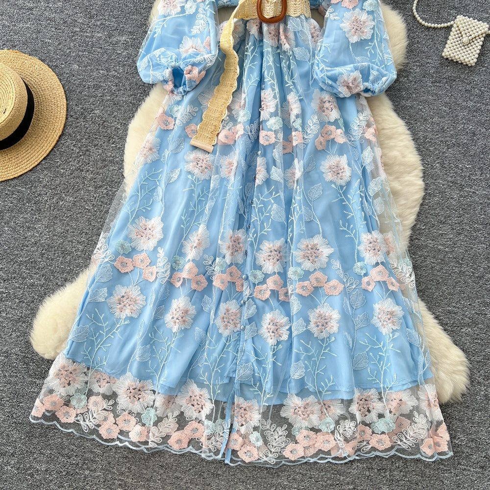 French court style heavy embroidery mesh dress - women's autumn tie-waist v-neck lantern sleeve elegant mini dress