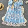 French court style heavy embroidery mesh dress - women's autumn tie-waist v-neck lantern sleeve elegant mini dress