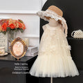 Girls' dress : stylish and ethereal princess dress with 3d floral yarn detail, halter neck fairy dress