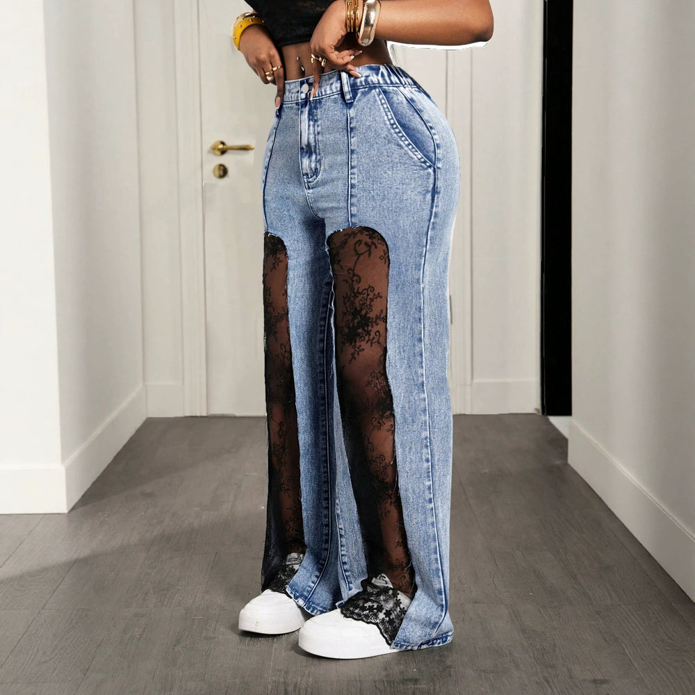 Fashionjeans women's high waist washed front slit patchworklace lined micro-flared jeans hot girl stylishpants