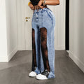 Fashionjeans women's high waist washed front slit patchworklace lined micro-flared jeans hot girl stylishpants