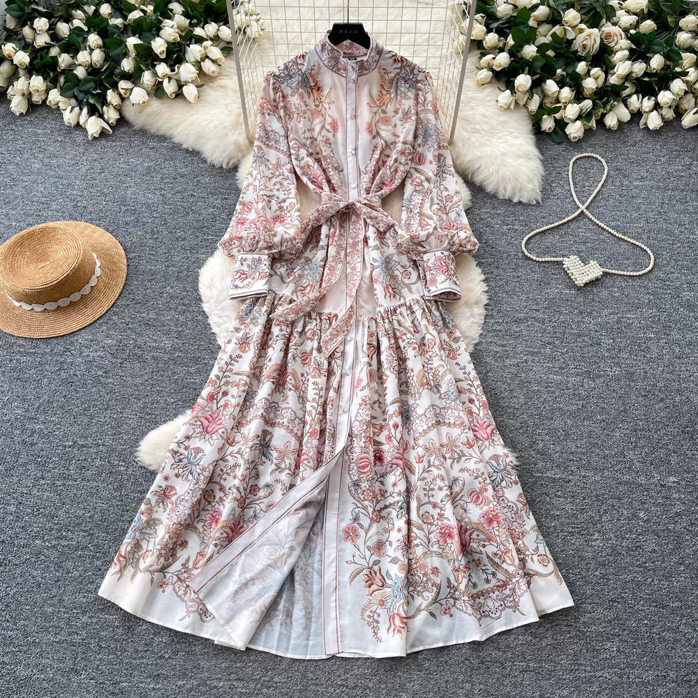 French retro print lantern sleeve dress - women's autumn korean style tie-waist slimming a-line maxi dress - commute friendly