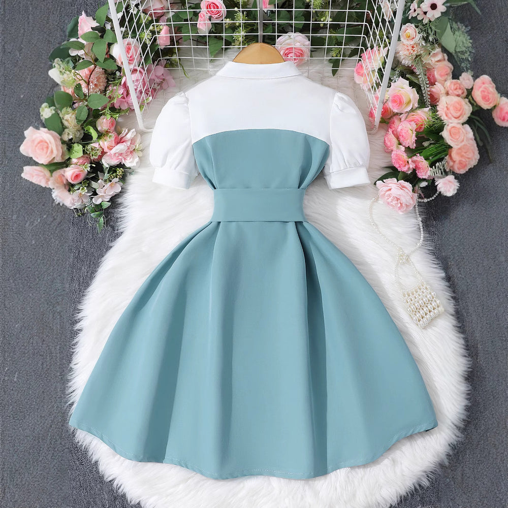 Children's short-sleeved lapel button patchworkcontrast colordress