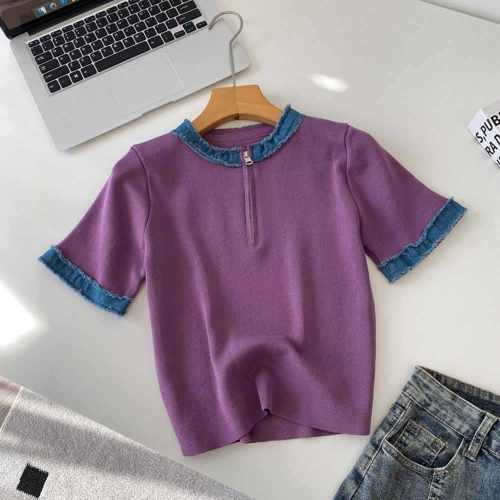Korean style color block knit top - women's summer short sleeve crew neck half-zip cardigan - versatile, trendy, and designer-inspired top