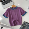 Korean style color block knit top - women's summer short sleeve crew neck half-zip cardigan - versatile, trendy, and designer-inspired top