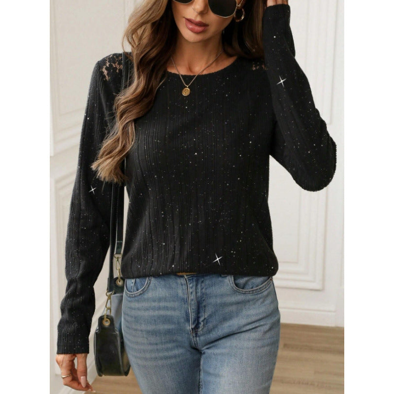 women's sequin ribbed knit sweater - long sleeve lace patch crew neck casual top