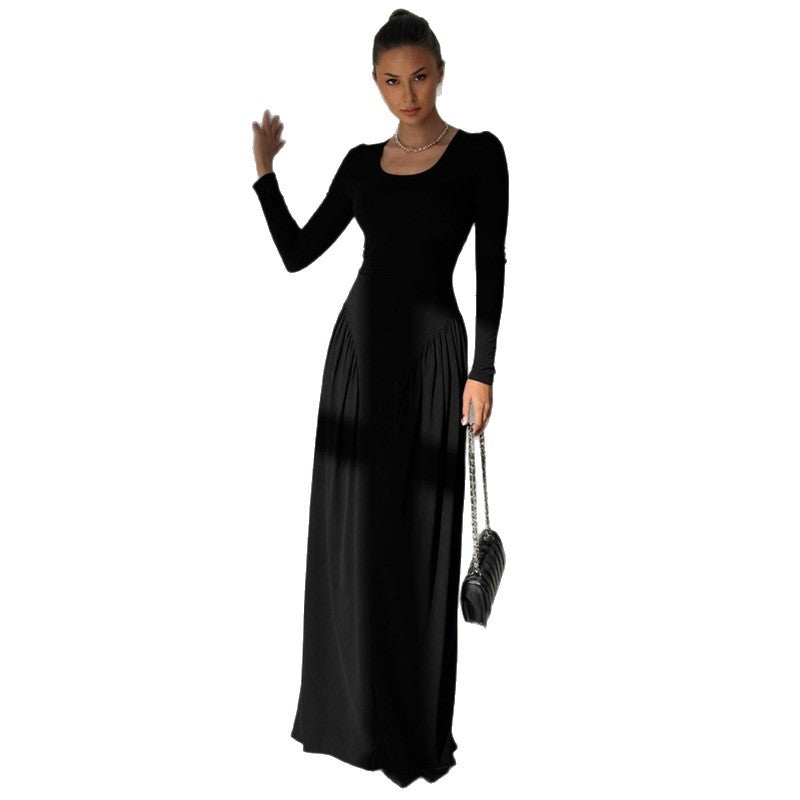 fashion style  fall and winter new arrivalpure color frenchelegancelong sleeves u-neck waist large swing dress wholesale