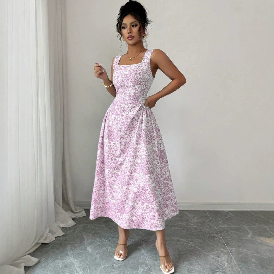 European and american cross-border  bohemian beach vacation floral print backless bow sleeveless mini dress