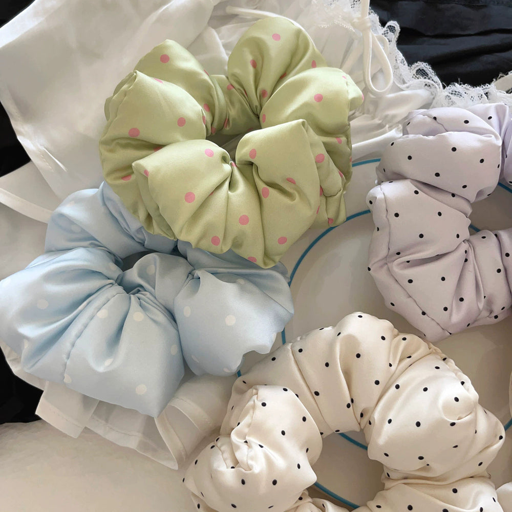 Cream satin scrunchie hair tie - soft, padded, polka dot pillow hair band - sleep hair tie - elastic hair rope