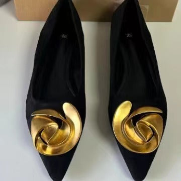 Za new 2024 spring/summer pointed-toe flat sandals for women - fashionable metal flower buckle detail, low-cut outdoor shoes