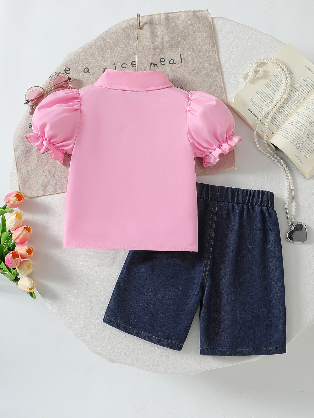 cross-border girl stereo flower shirt skirt + imitation denim mid-pants suit two-piece set