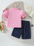 cross-border girl stereo flower shirt skirt + imitation denim mid-pants suit two-piece set