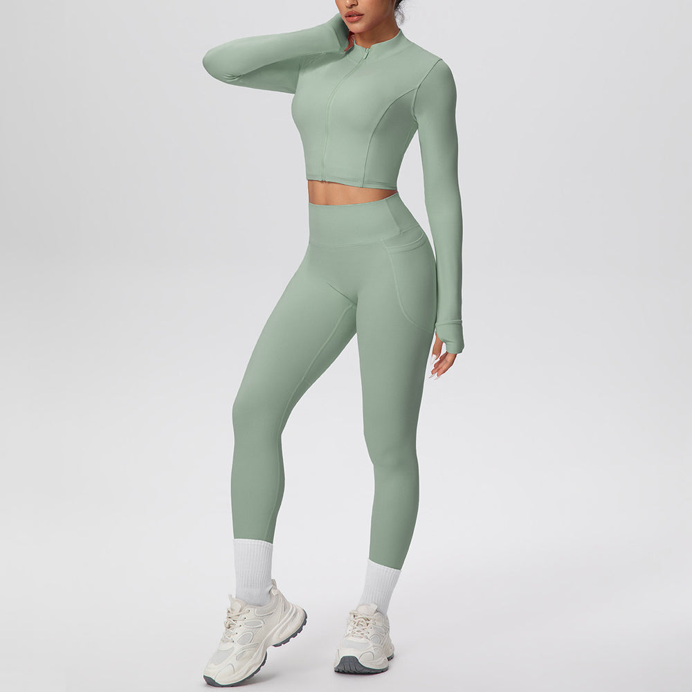 Cropped zip-up yoga set: high-waisted, butt-lifting leggings with pockets - perfect for running, fitness, and casual wear