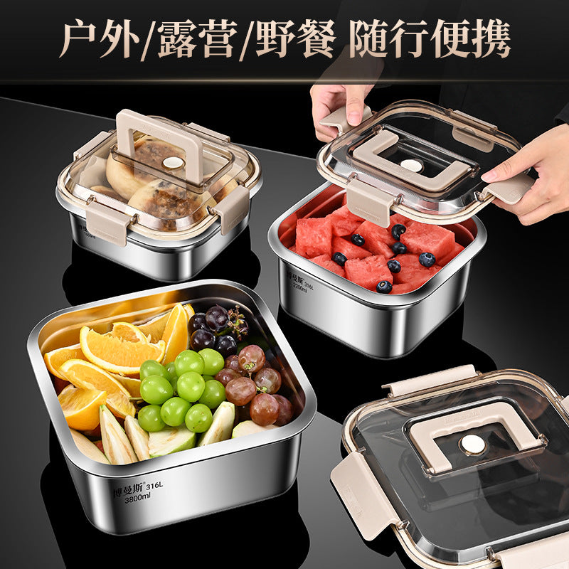304 stainless steel crisper with lid household refrigerator storage box sealed leak-proof portable fruit picnic bento box