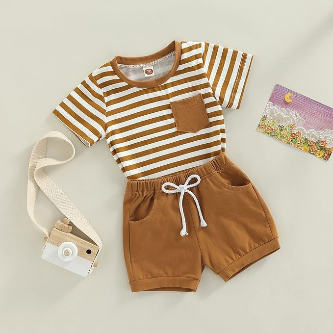 Amazon ins  hot selling baby boy fashion striped short sleeve tops with pocket shorts two-piece set