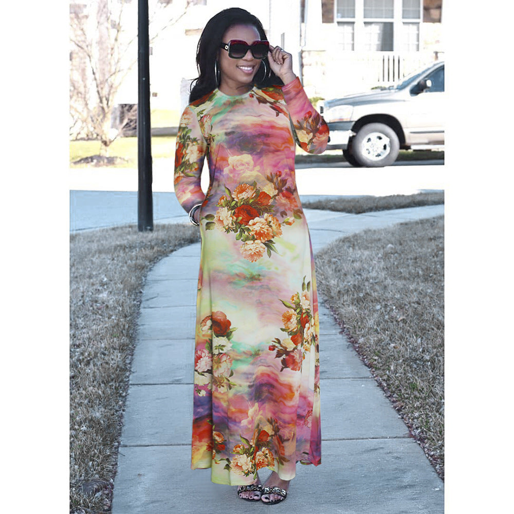 african plus size women's clothing:  &  printed round neck slimming a-line dress