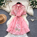 French country style rhinestone embellished slimming a-line dress - women's summer korean style short sleeve floral print shirt dress