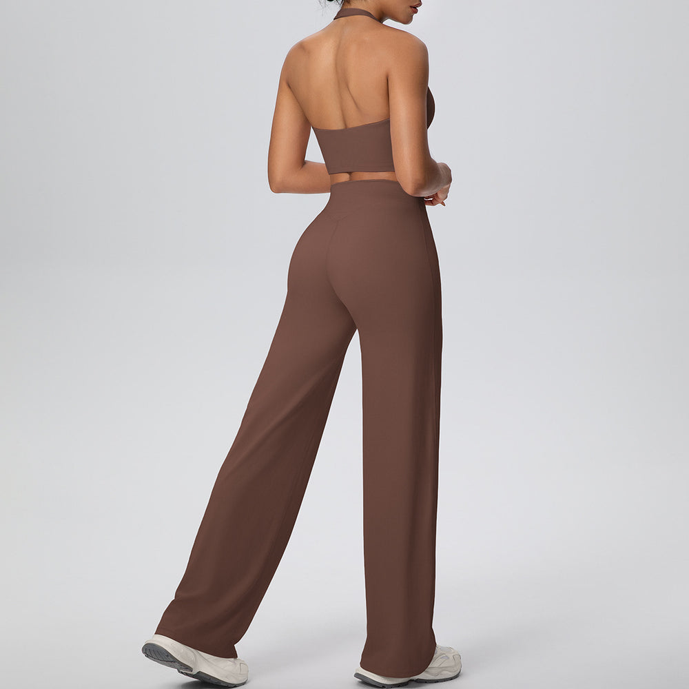 New arrival cross-border pure color double-sided brushed halter wide-leg pants yoga suit sports running fitness two-piece set for women