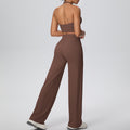 New arrival cross-border pure color double-sided brushed halter wide-leg pants yoga suit sports running fitness two-piece set for women