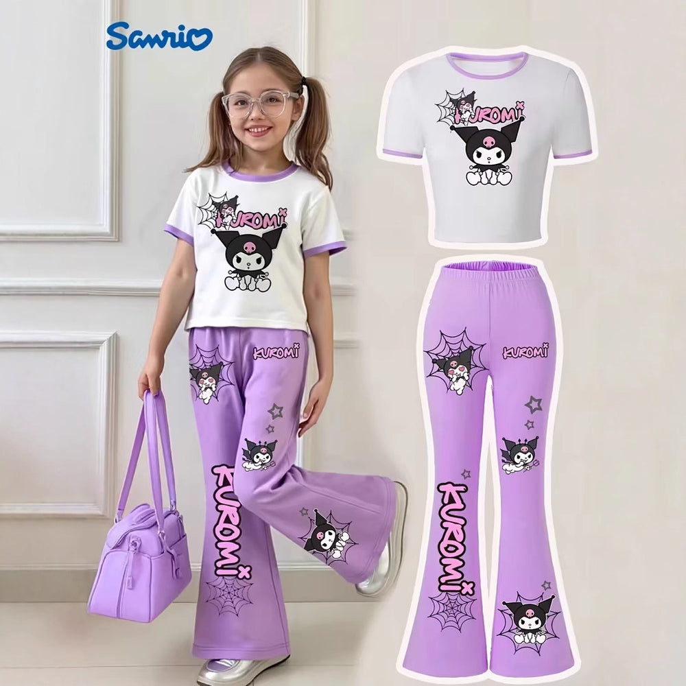 wholesale girls' flared pants set, fashionable spring, summer, and autumn sanrio short-sleeved long flared pants set for girls