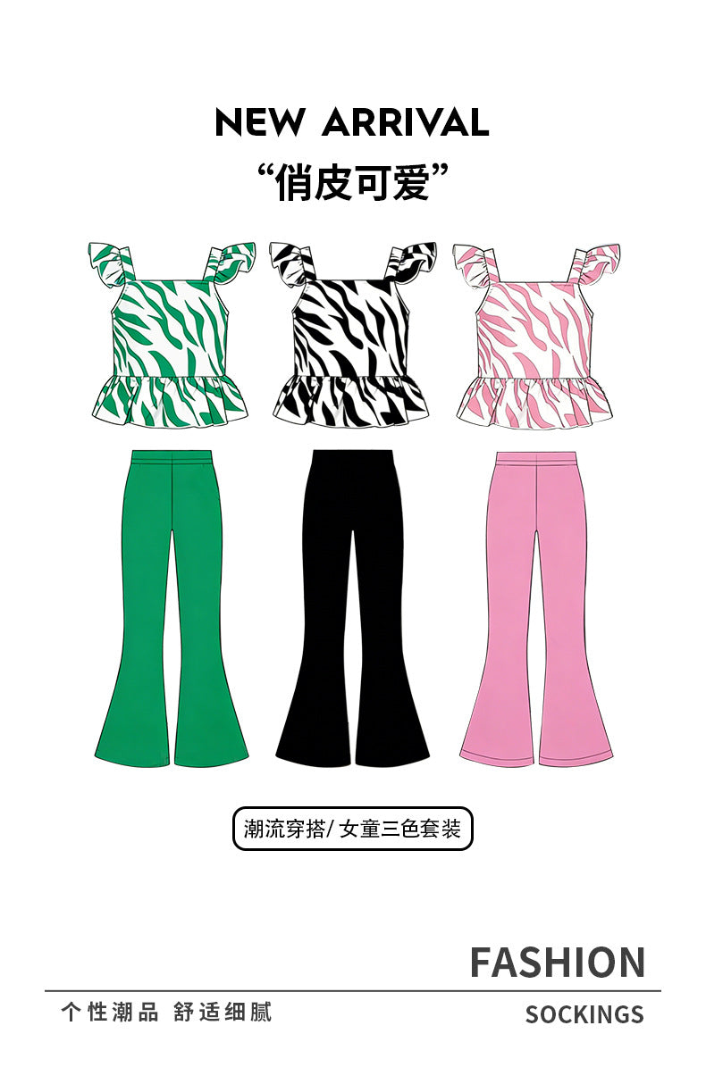 Summer girls' outfit for export: unique zebra print flutter sleeve ruffle top and high-waisted flare pants two-piece set