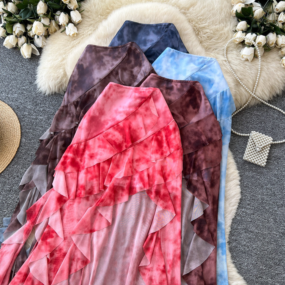 K-style tie-dye ruffles a-line skirt for women summerhigh waistslimming lookasymmetricalelegant mid-length skirtwork clothing