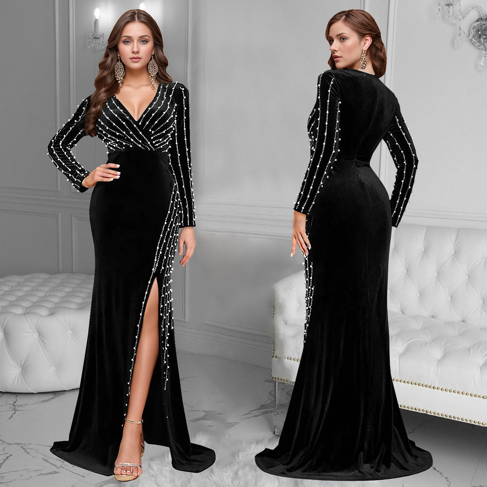 C7269 cross-border   european and american women's clothing sexy deep v beaded hot diamond slit long skirt dress women